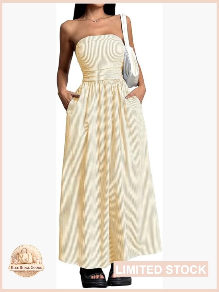 Striped Maxi Dress Strapless Tube Top Summer Long Dress With Pockets